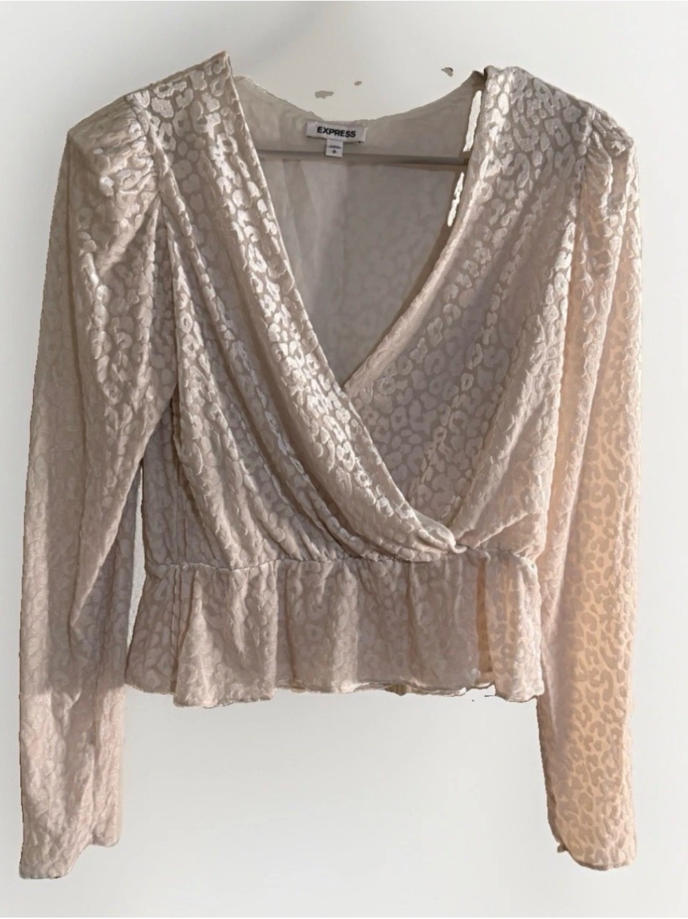 Express Velvet Leopard Burnout Wrap‎ Blouse Puff Shoulder Peplum Top Cream S